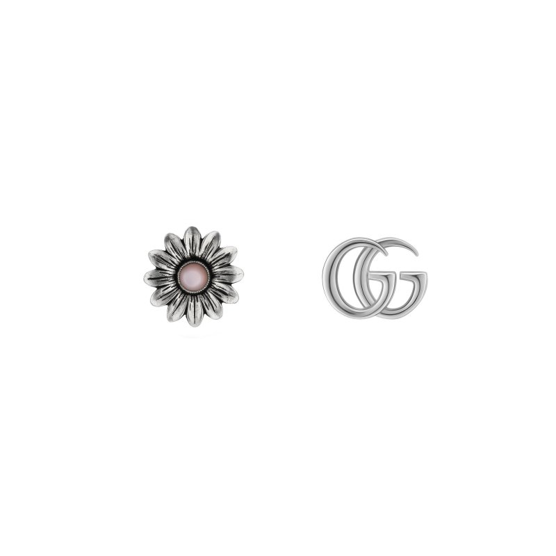 Orecchini con Doppia G e motivo floreale in argento 925 e madreperla rosa