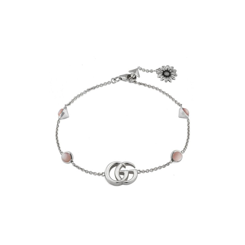 Bracciale con Doppia G e motivo floreale in argento 925 e madreperla rosa