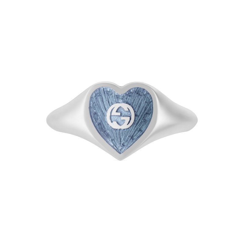 Anello con motivo a cuore e dettaglio GG in argento 925 e smalto azzurro