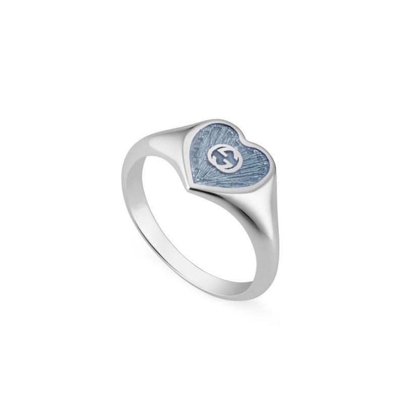 Anello con motivo a cuore e dettaglio GG in argento 925 e smalto azzurro