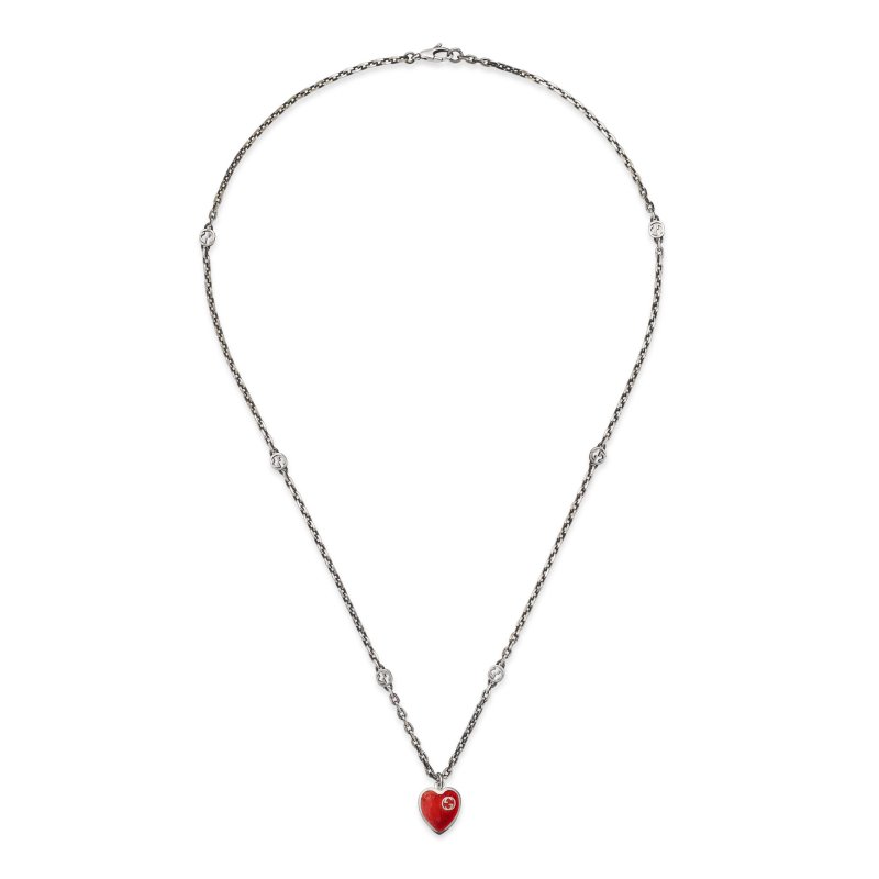 Collana con pendente a motivo cuore in argento 925 e smalto rosso
