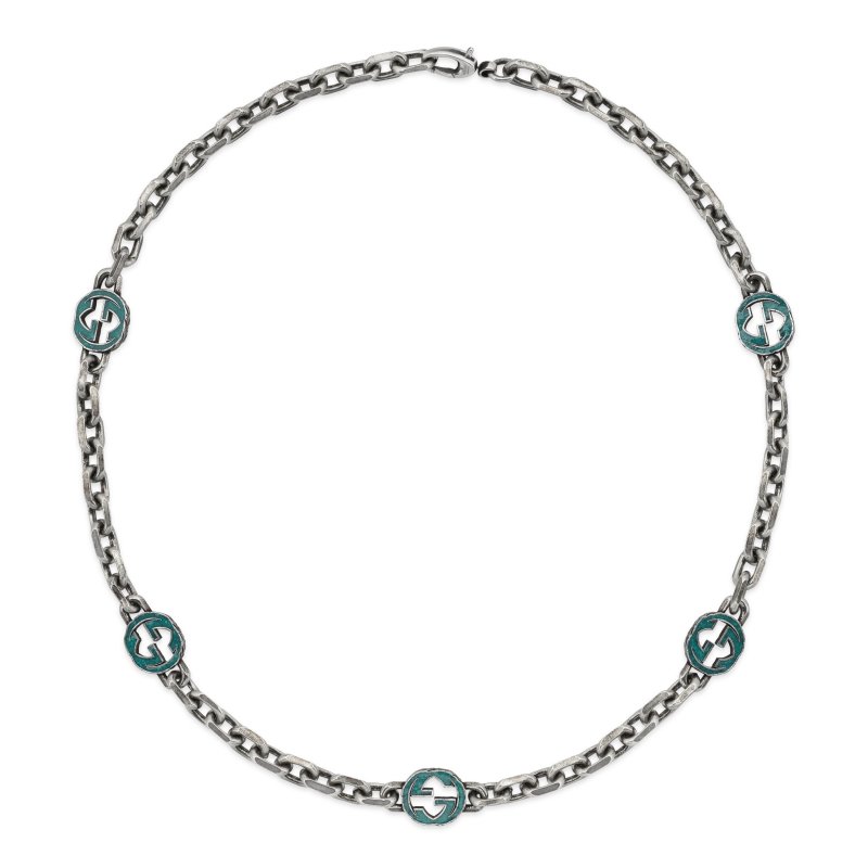 Collana con motivo G intrecciata in argento 925 e smalto turchese