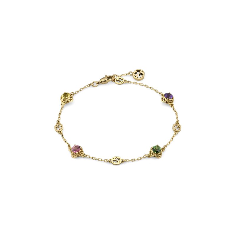 Bracciale con motivo Interlocking G in oro giallo 18kt e ametiste, tormaline e berillo