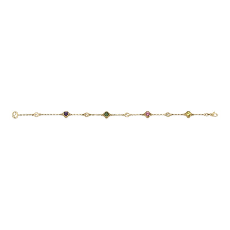 Bracciale con motivo Interlocking G in oro giallo 18kt e ametiste, tormaline e berillo