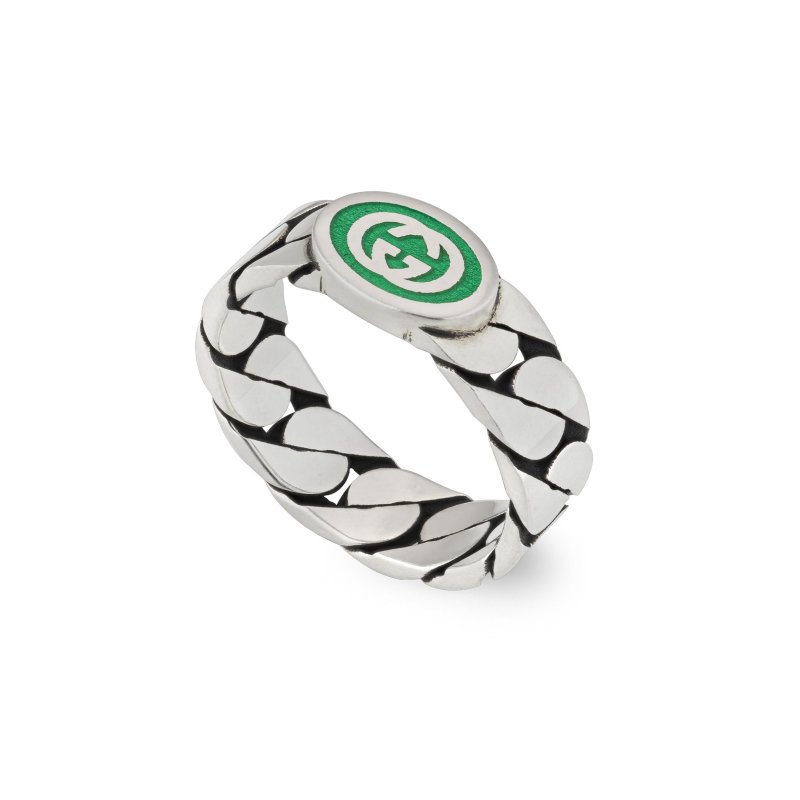 Anello in argento 925 e smalto verde con dettaglio G intrecciata
