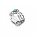 Anello con Doppia G e motivo floreale in argento lucido invecchiato, madreperla, topazio azzurro e resina turchese