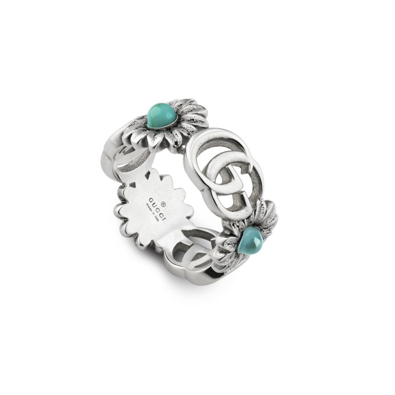 Anello con Doppia G e motivo floreale in argento lucido invecchiato, madreperla, topazio azzurro e resina turchese