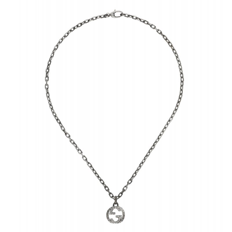 Collana con ciondolo G intrecciata in argento 925 invecchiato