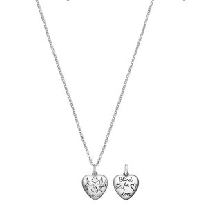 Collana Blind for love con ciondolo cuore inciso fiore e uccellino in argento sterling invecchiato lucido