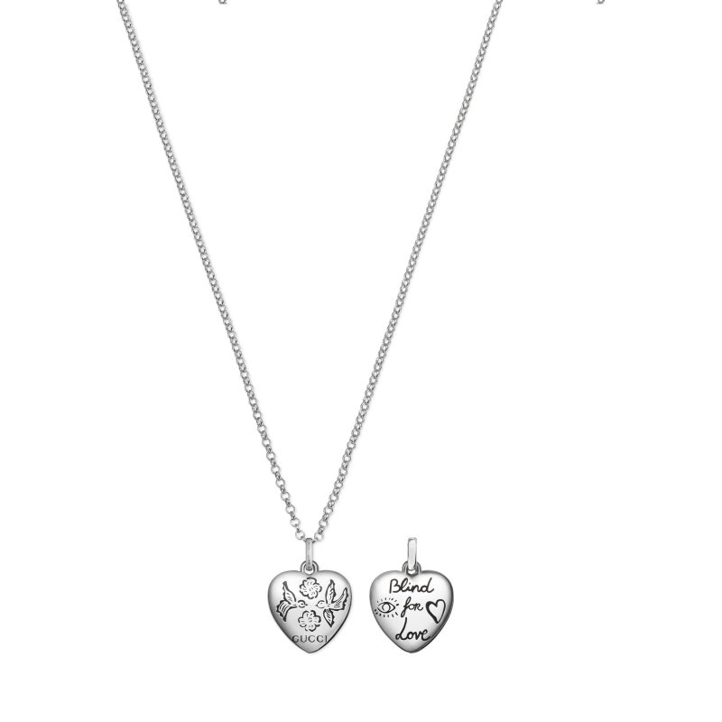 Collana Blind for love con ciondolo cuore inciso fiore e uccellino in argento sterling invecchiato lucido