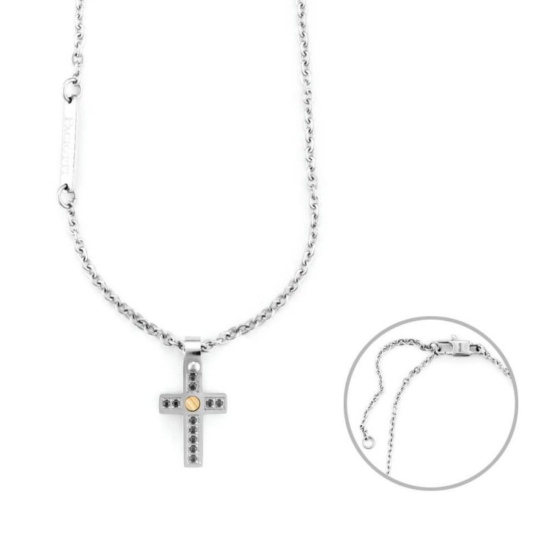 Collana Uomo 4Us Cesare Paciotti Acciaio Spinello Nero Croce Oro 18 Kt 4Ucl6920