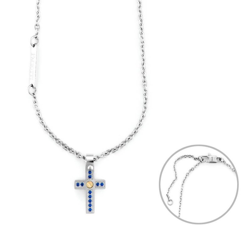 Collana Uomo 4Us Cesare Paciotti Acciaio Spinello Blu Croce Oro 18 Kt 4Ucl6921