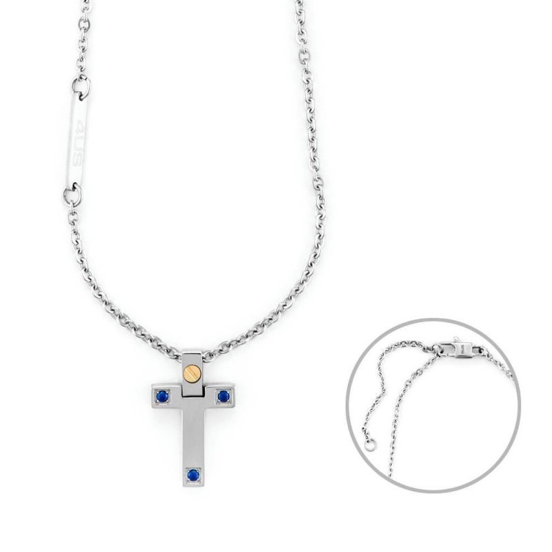 Collana Uomo 4Us Cesare Paciotti Acciaio Spinello Blu Croce Oro 18 Kt 4Ucl6925