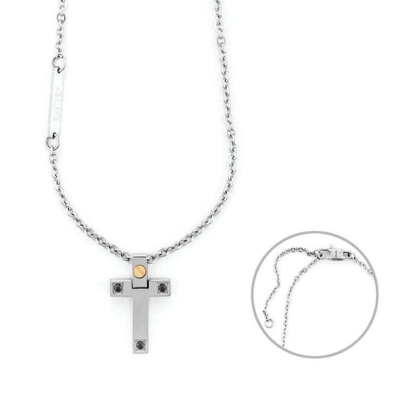 Collana Uomo 4Us Cesare Paciotti Acciaio Spinello Nero Croce Oro 18 Kt 4Ucl6926