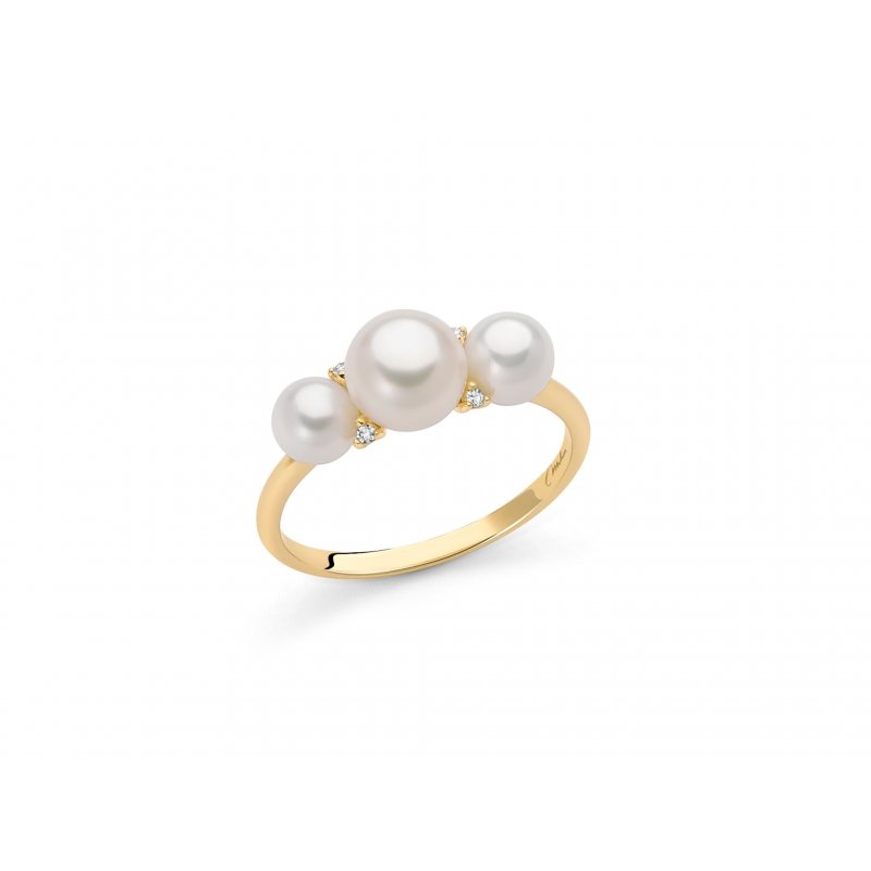 Miluna - Anello Tre Perle - Oro Giallo - Diamanti
