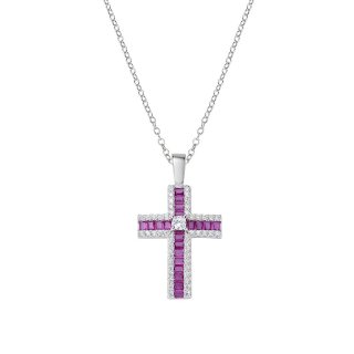 Amen - Collana Con Croce - Zirconi Rossi - Argento