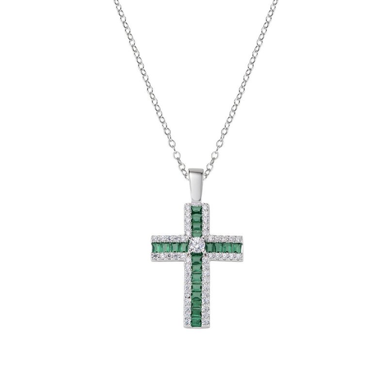 Amen - Collana Con Croce - Zirconi Verdi - Argento