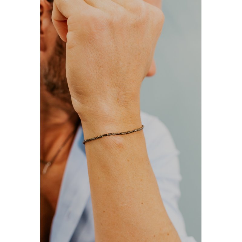 Bracciale In Argento Brunito E Lucido, Diamante, Spinelli Neri