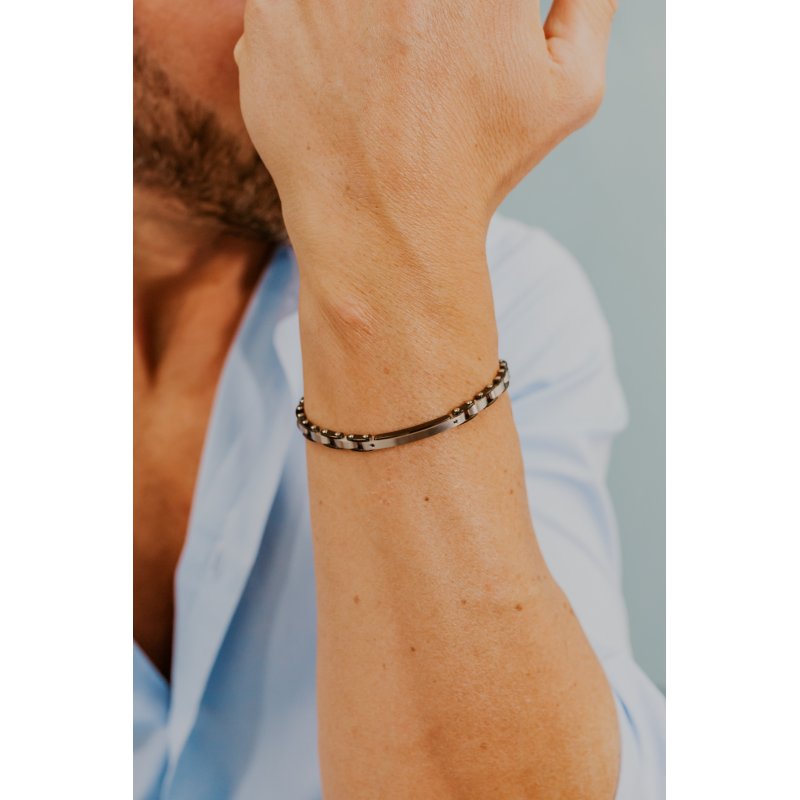 Bracciale Acciaio Con Zirconi Neri E Pvd