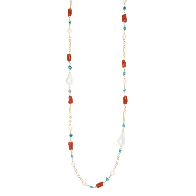 Nivy - Collana Lunga Corallo, Perle E Turchese