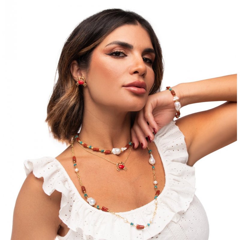 Nivy - Collana Lunga Corallo, Perle E Turchese