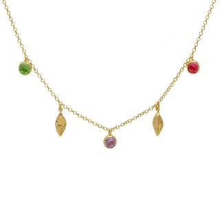 Victoria Cruz - Collana Corta Foglia - Cristallo Multicolore - Argento Placcato Oro