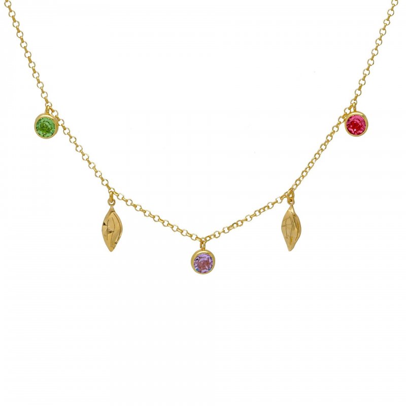 Victoria Cruz - Collana Corta Foglia - Cristallo Multicolore - Argento Placcato Oro