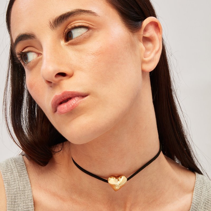 Breil - Choker Big Heart - Acciaio Dorato - Camoscio Nero