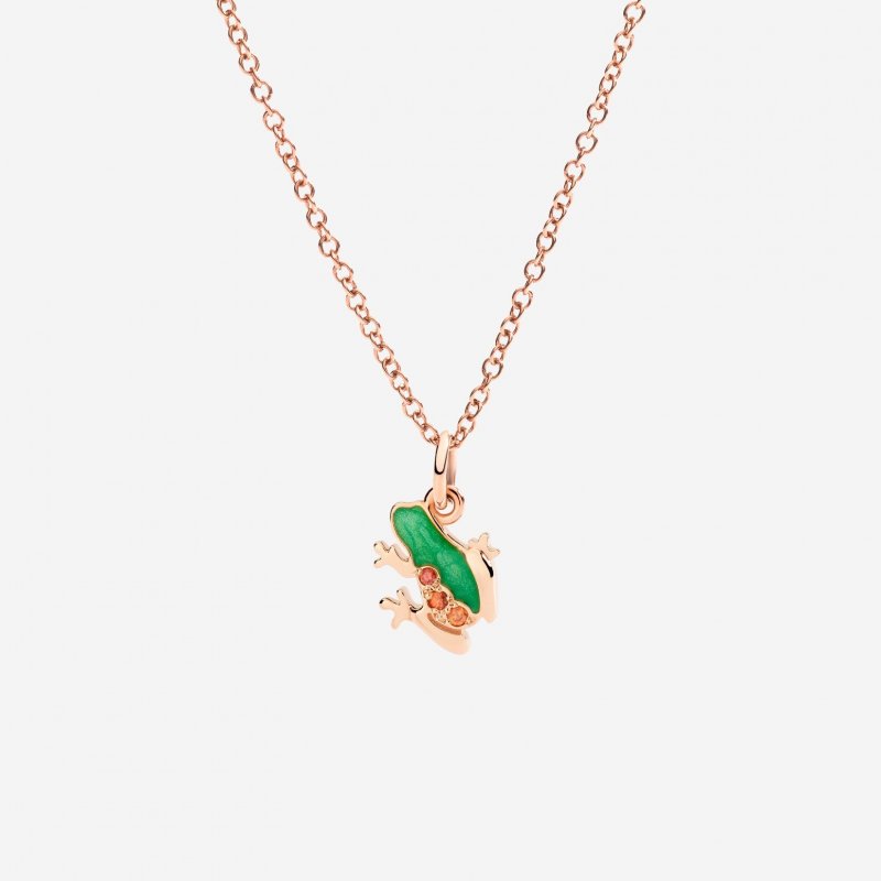 Dodo - Ciondolo Rana Oro Rosa - Smalto Verde - Zaffiri Arancio