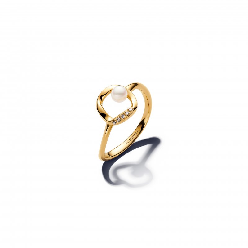 Anello Cerchio Linea Sinuosa con Perla d'Acqua Dolce Coltivata e Pavè