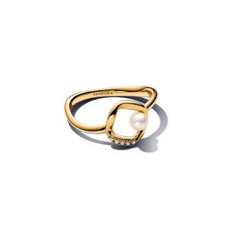 Anello Cerchio Linea Sinuosa con Perla d'Acqua Dolce Coltivata e Pavè