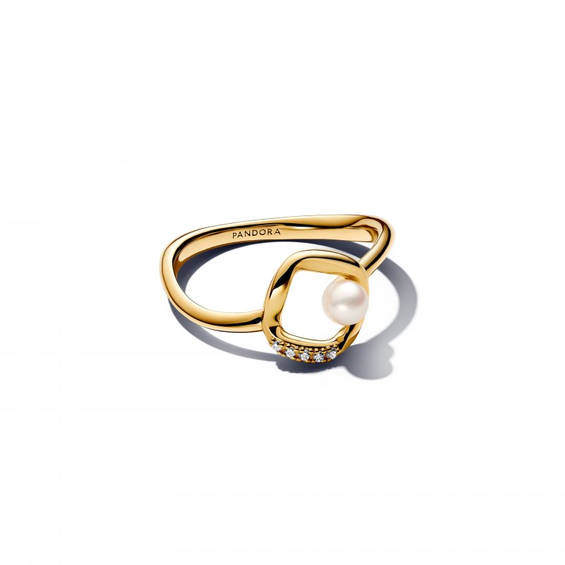 Anello Cerchio Linea Sinuosa con Perla d'Acqua Dolce Coltivata e Pavè