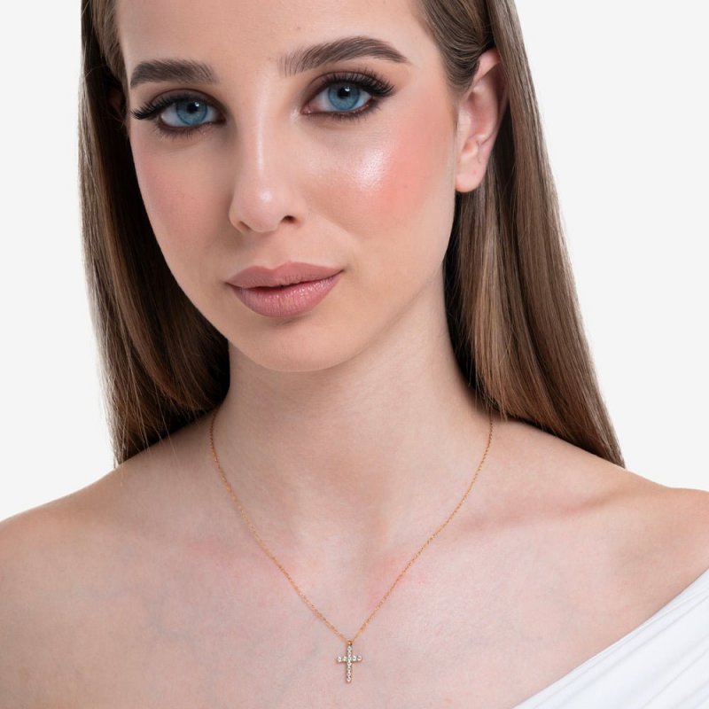 Luca Barra - Collana Donna Croce - Acciaio Ip Gold - Zirconi Bianchi