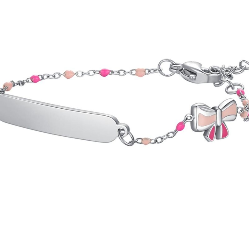 Luca Barra - Bracciale Acciaio - Piastra - Fiocco Smaltato Rosa
