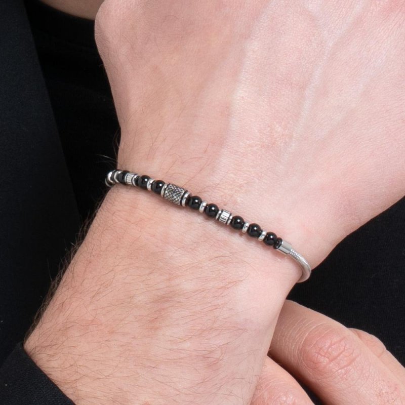 Luca Barra - Bracciale Uomo Acciaio - Effetto Vintage - Sfere Nere