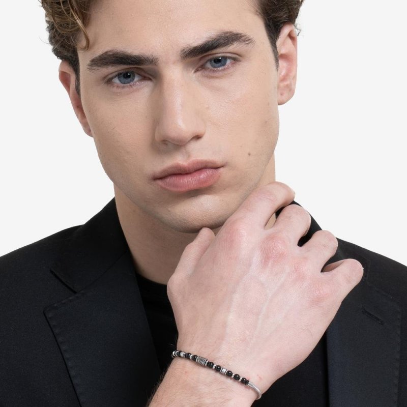 Luca Barra - Bracciale Uomo Acciaio - Effetto Vintage - Sfere Nere