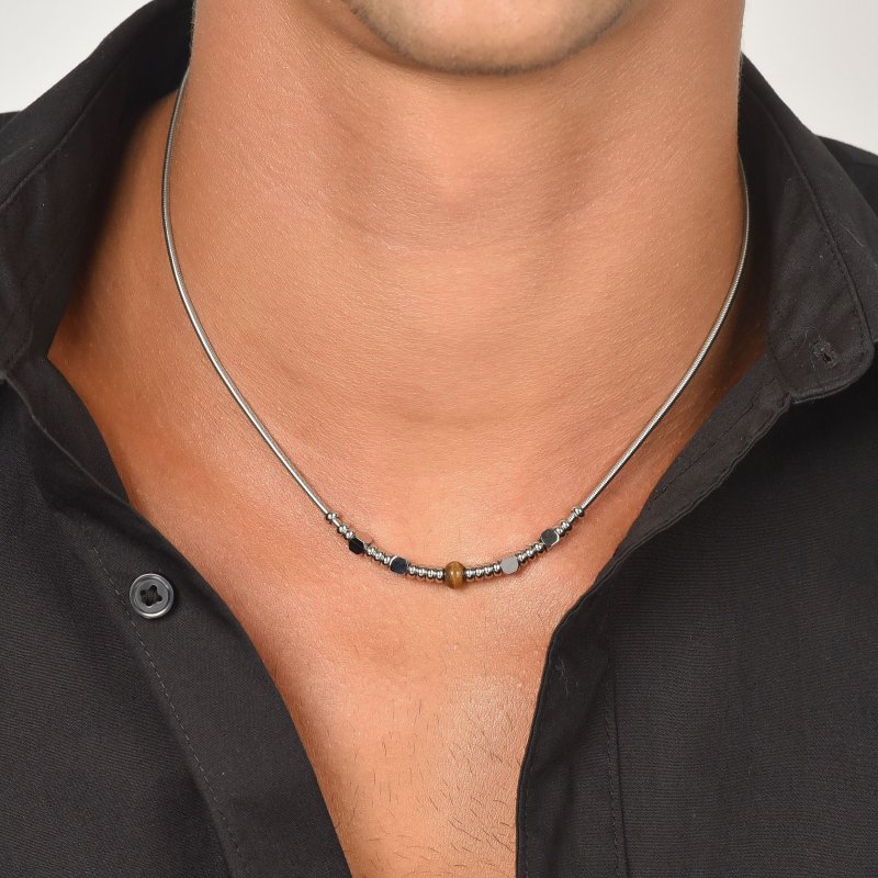 Luca Barra - Collana Uomo Acciaio - Pietre Occhio Di Tigre