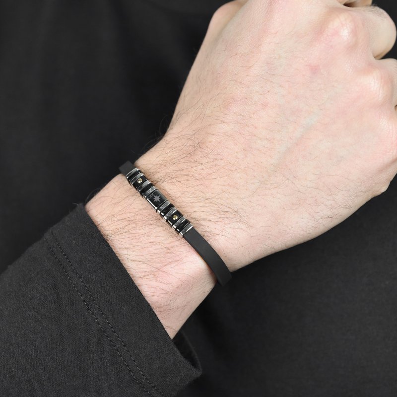 Luca Barra - Bracciale Uomo - Silicone Nero - Acciaio - Rosa Dei Venti