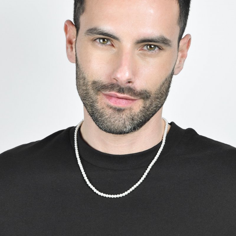 Luca Barra - Collana Uomo Acciaio - Perle Bianche - Stile Moderno
