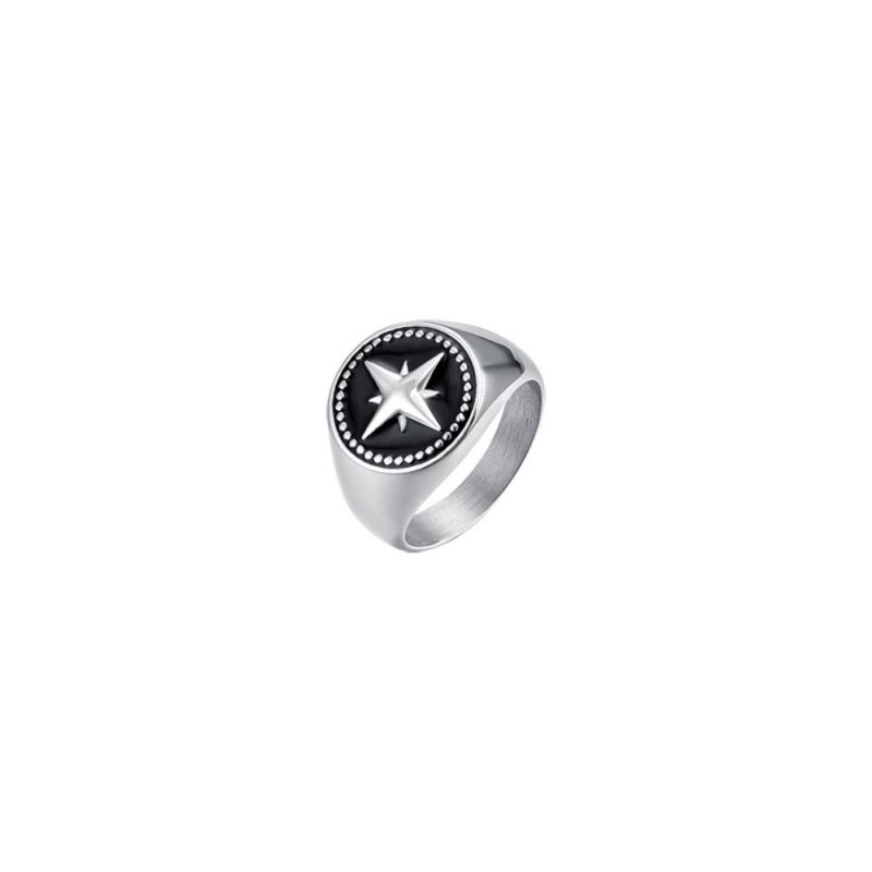 Luca Barra - Anello Uomo Acciaio - Rosa Dei Venti - Smalto Nero