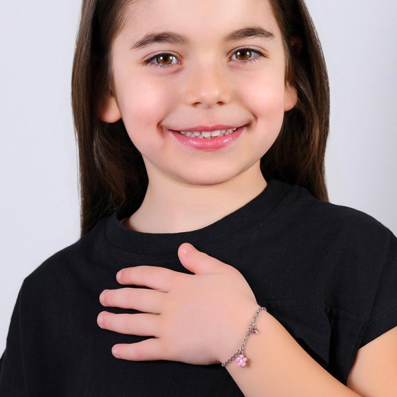 Luca Barra - Bracciale Bambina - Acciaio - Fiore Smalto Rosa Bianco