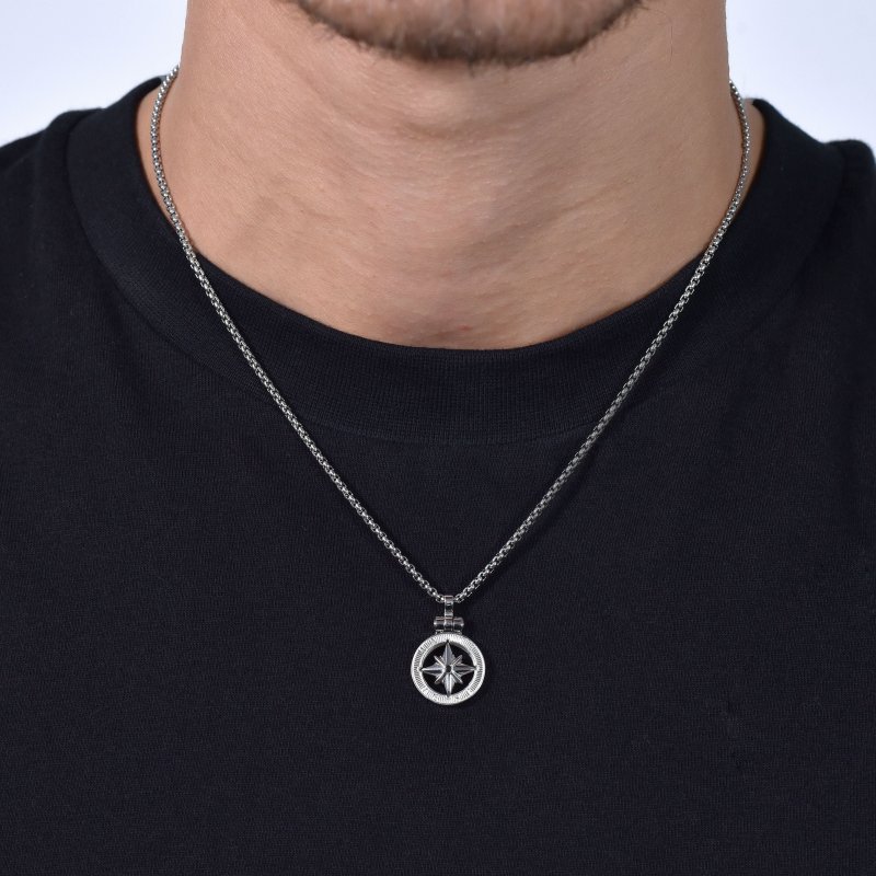 Luca Barra - Collana Uomo Acciaio - Rosa Dei Venti - Cristallo Nero