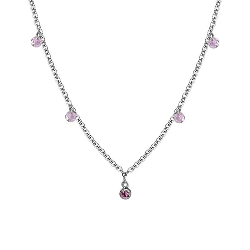 Luca Barra - Collana Lunga Donna - Acciaio - Cristalli Rosa