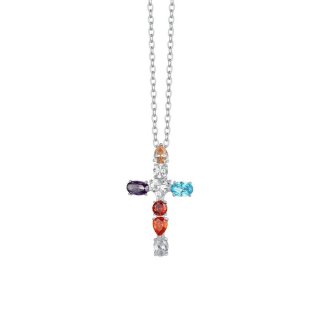 Luca Barra - Collana Donna Croce - Acciaio - Zirconi Multicolor
