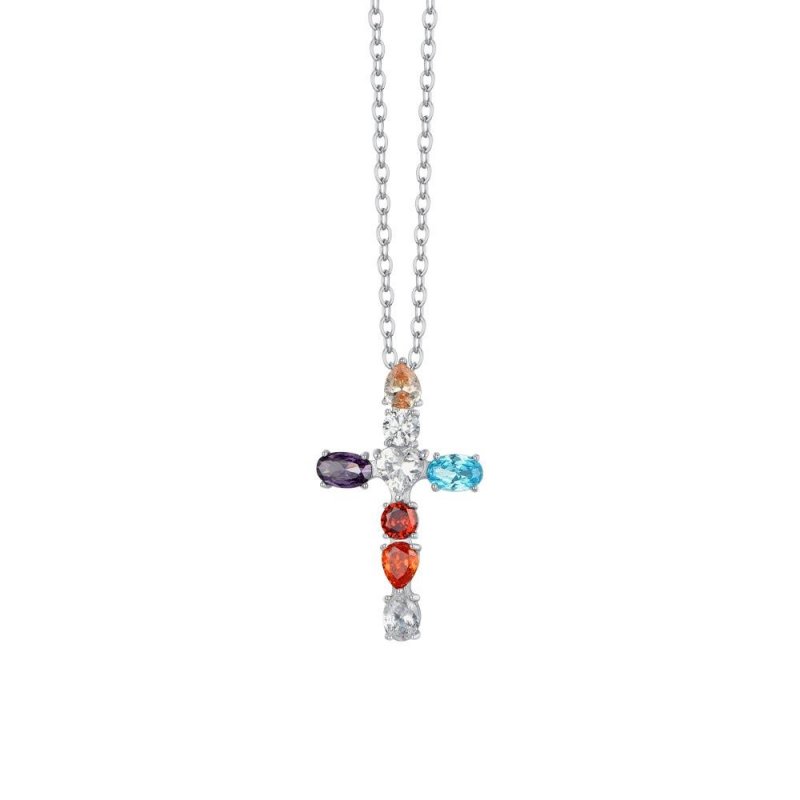 Luca Barra - Collana Donna Croce - Acciaio - Zirconi Multicolor