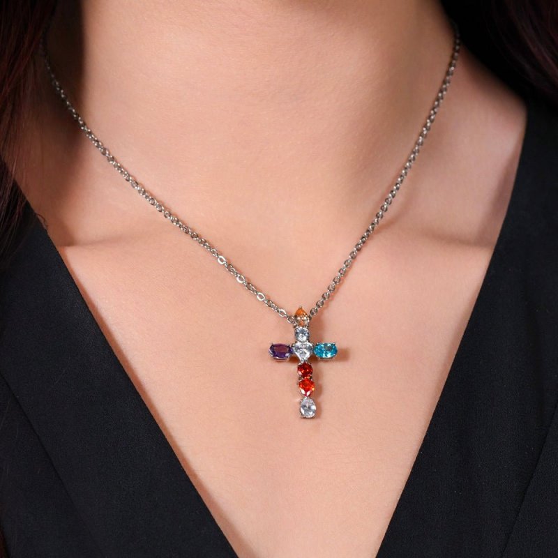 Luca Barra - Collana Donna Croce - Acciaio - Zirconi Multicolor