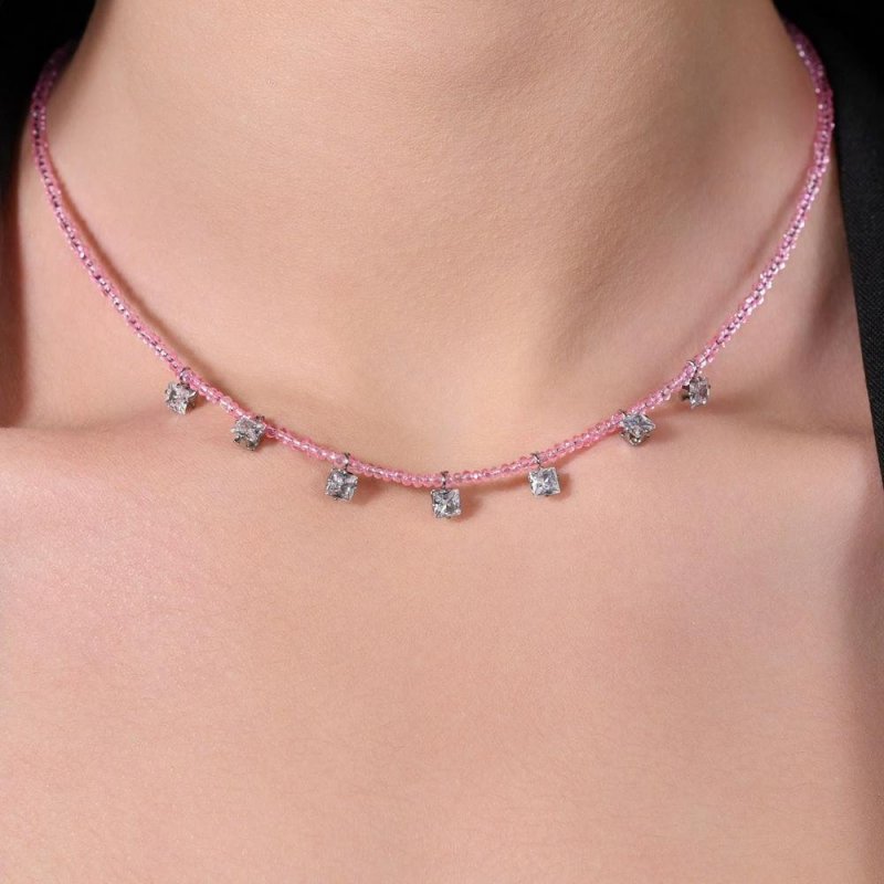 Luca Barra - Collana Donna - Acciaio - Cristalli Rosa - Zirconi Bianchi