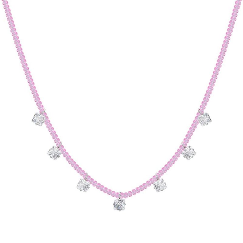 Luca Barra - Collana Donna - Acciaio - Cristalli Rosa - Zirconi Bianchi