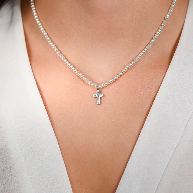 Luca Barra - Collana Donna Acciaio - Perle - Croce Cristalli