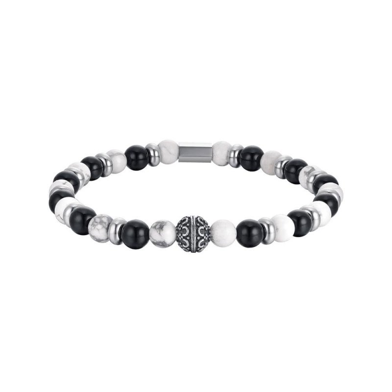 Luca Barra - Bracciale Uomo Elastico - Pietre Nere Bianche - Acciaio